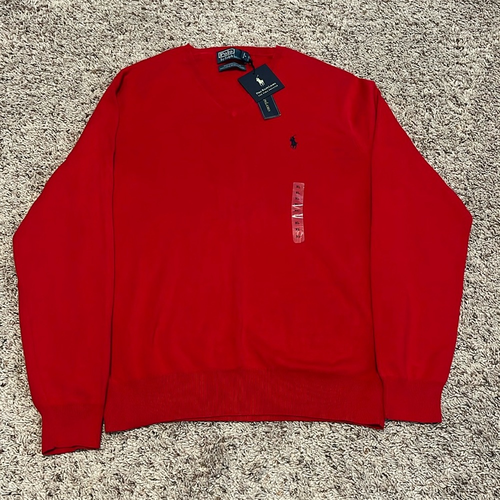 NWT Polo Ralph Lauren Men’s Red 100% Pima Cotton VNeck Sweater
